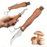 Folding Garden Mushroom Knife w/Brush: Wood Handle Thumb Cutter Keychain