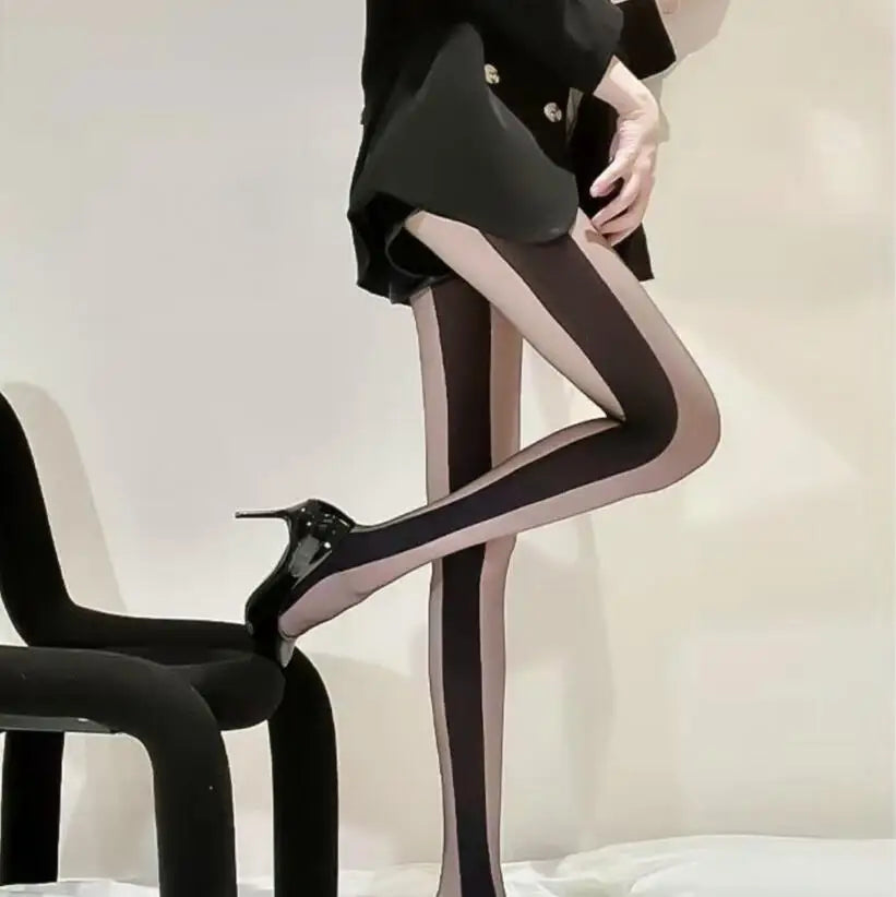 2023 New Black Women's Stockings Sexy Summer Thin Leggings Anti-Hook Vertical Stripe Splicing Tights Sexy Lady Girls Pantyhose