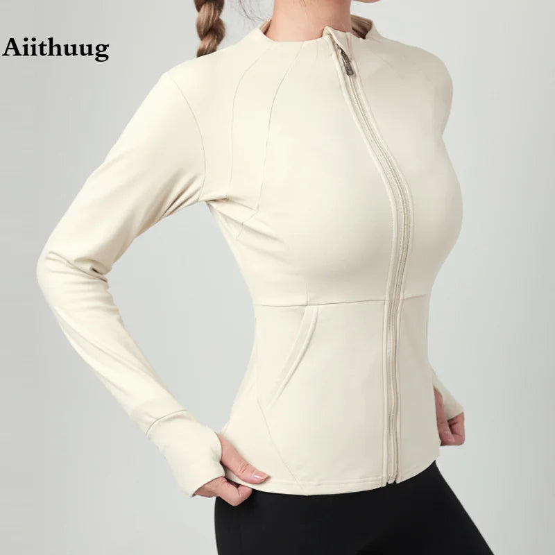 2023 Fashion Pockets Winter Jackets Sports Warm Fleece Inner Full Zip Up Jogging Yoga Zipper Long Sleeve Top Fitness Gym Jacket 4018