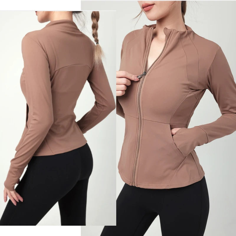 2023 Fashion Pockets Winter Jackets Sports Warm Fleece Inner Full Zip Up Jogging Yoga Zipper Long Sleeve Top Fitness Gym Jacket 4018