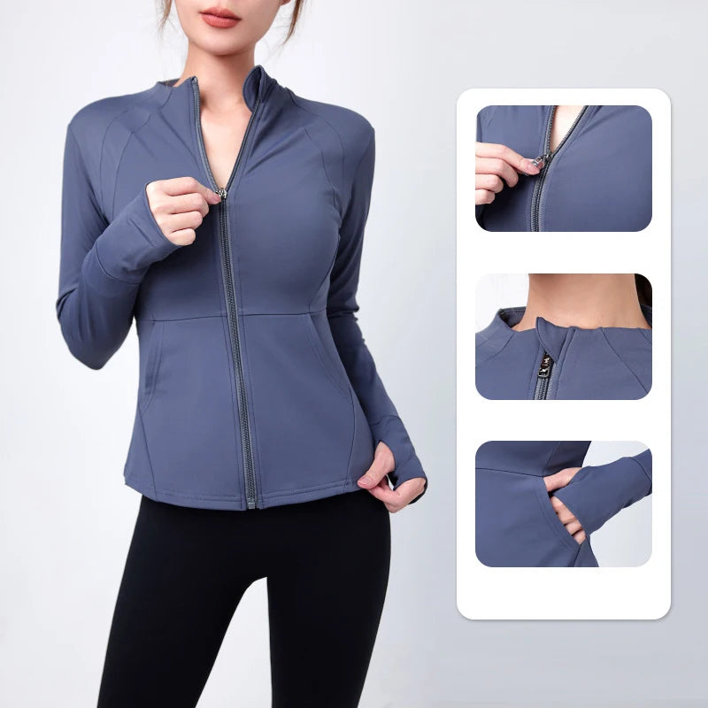 2023 Fashion Pockets Winter Jackets Sports Warm Fleece Inner Full Zip Up Jogging Yoga Zipper Long Sleeve Top Fitness Gym Jacket 4018