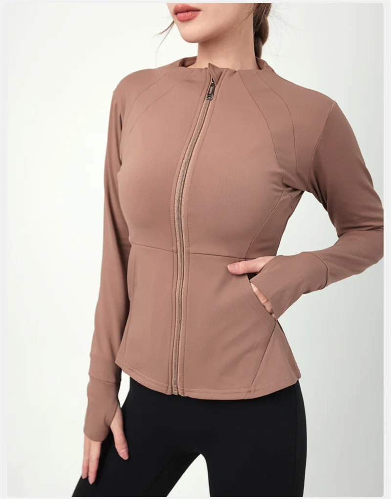 2023 Fashion Pockets Winter Jackets Sports Warm Fleece Inner Full Zip Up Jogging Yoga Zipper Long Sleeve Top Fitness Gym Jacket 4018