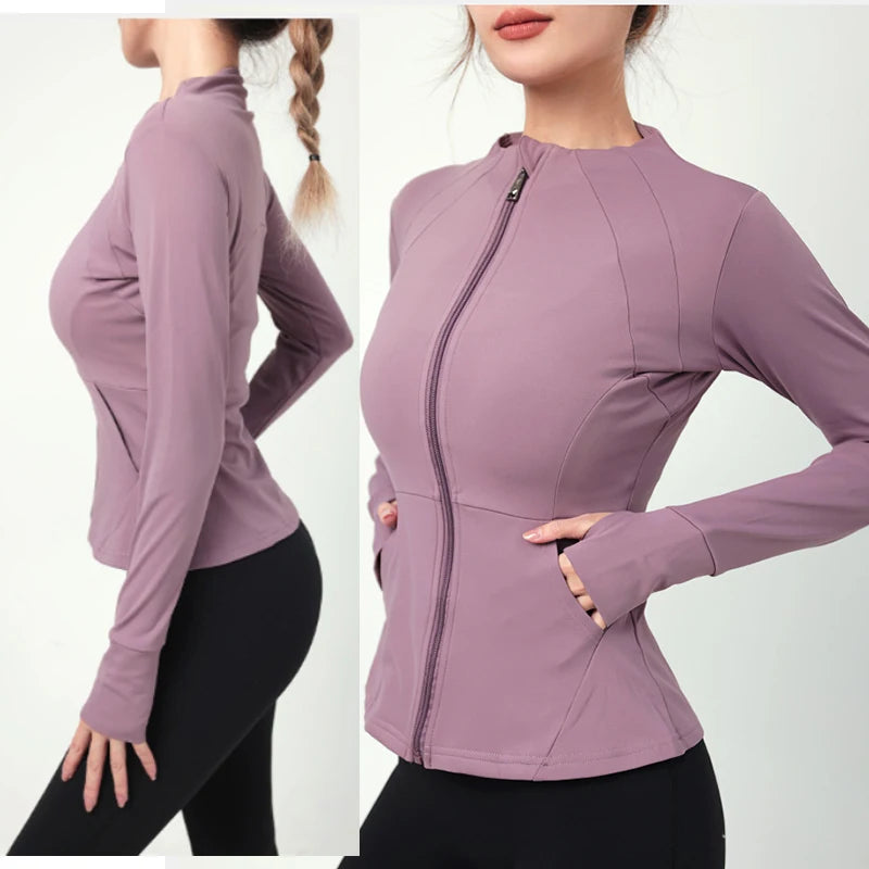 2023 Fashion Pockets Winter Jackets Sports Warm Fleece Inner Full Zip Up Jogging Yoga Zipper Long Sleeve Top Fitness Gym Jacket 4018