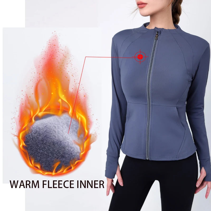 2023 Fashion Pockets Winter Jackets Sports Warm Fleece Inner Full Zip Up Jogging Yoga Zipper Long Sleeve Top Fitness Gym Jacket 4018