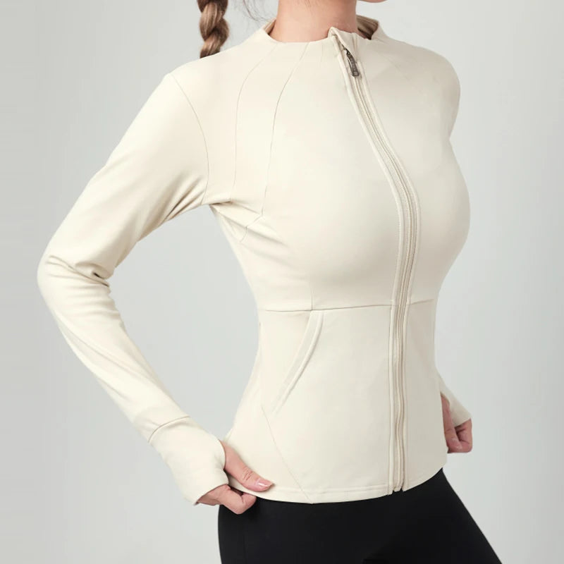 2023 Fashion Pockets Winter Jackets Sports Warm Fleece Inner Full Zip Up Jogging Yoga Zipper Long Sleeve Top Fitness Gym Jacket 4018