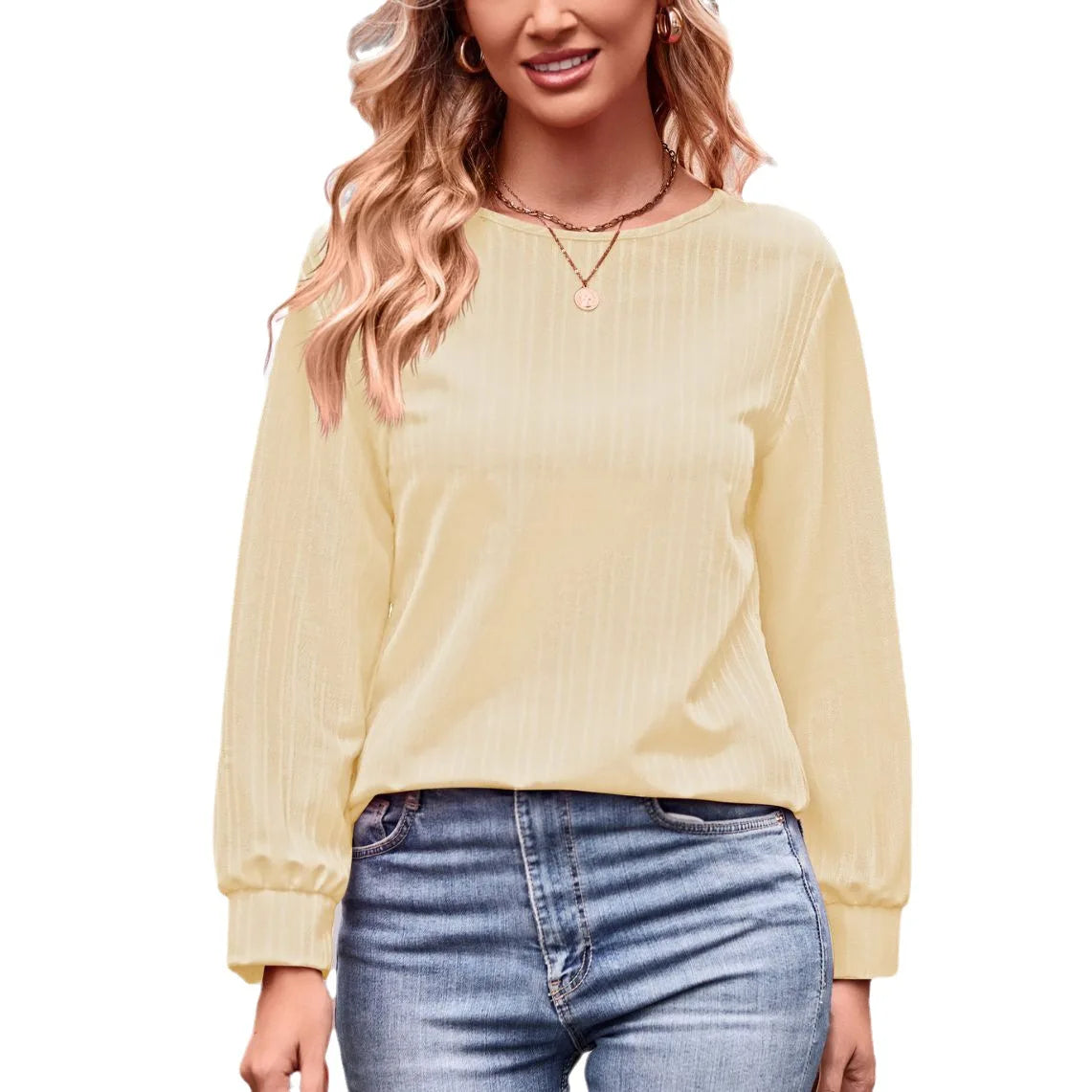 2023 Autumn And Winter New Women's Solid Color Double Line Jacquard T-shirt Loose Casual Round Neck Long Sleeved Tees Women Top S-XXL