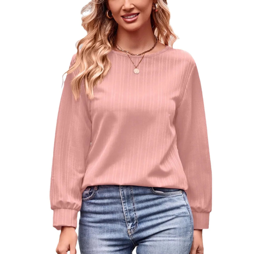 2023 Autumn And Winter New Women's Solid Color Double Line Jacquard T-shirt Loose Casual Round Neck Long Sleeved Tees Women Top S-XXL