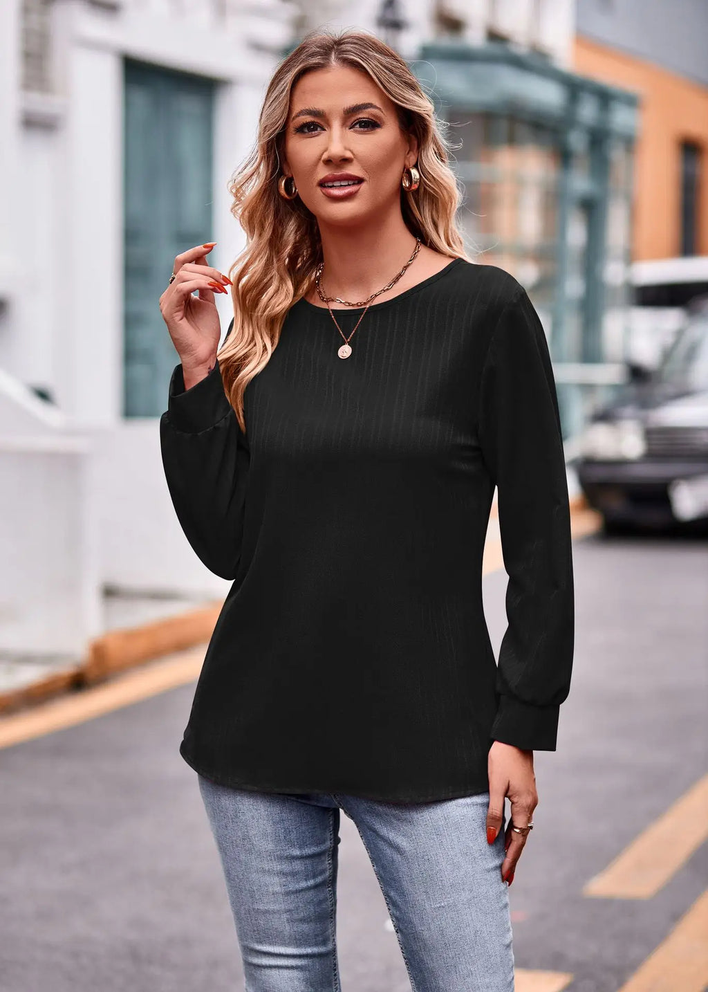 2023 Autumn And Winter New Women's Solid Color Double Line Jacquard T-shirt Loose Casual Round Neck Long Sleeved Tees Women Top S-XXL