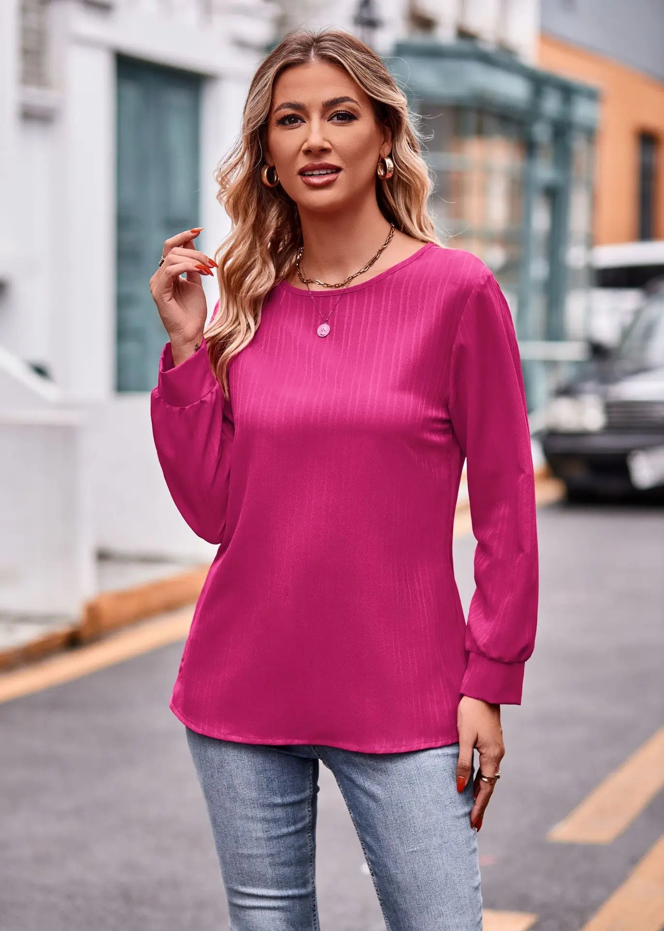 2023 Autumn And Winter New Women's Solid Color Double Line Jacquard T-shirt Loose Casual Round Neck Long Sleeved Tees Women Top S-XXL