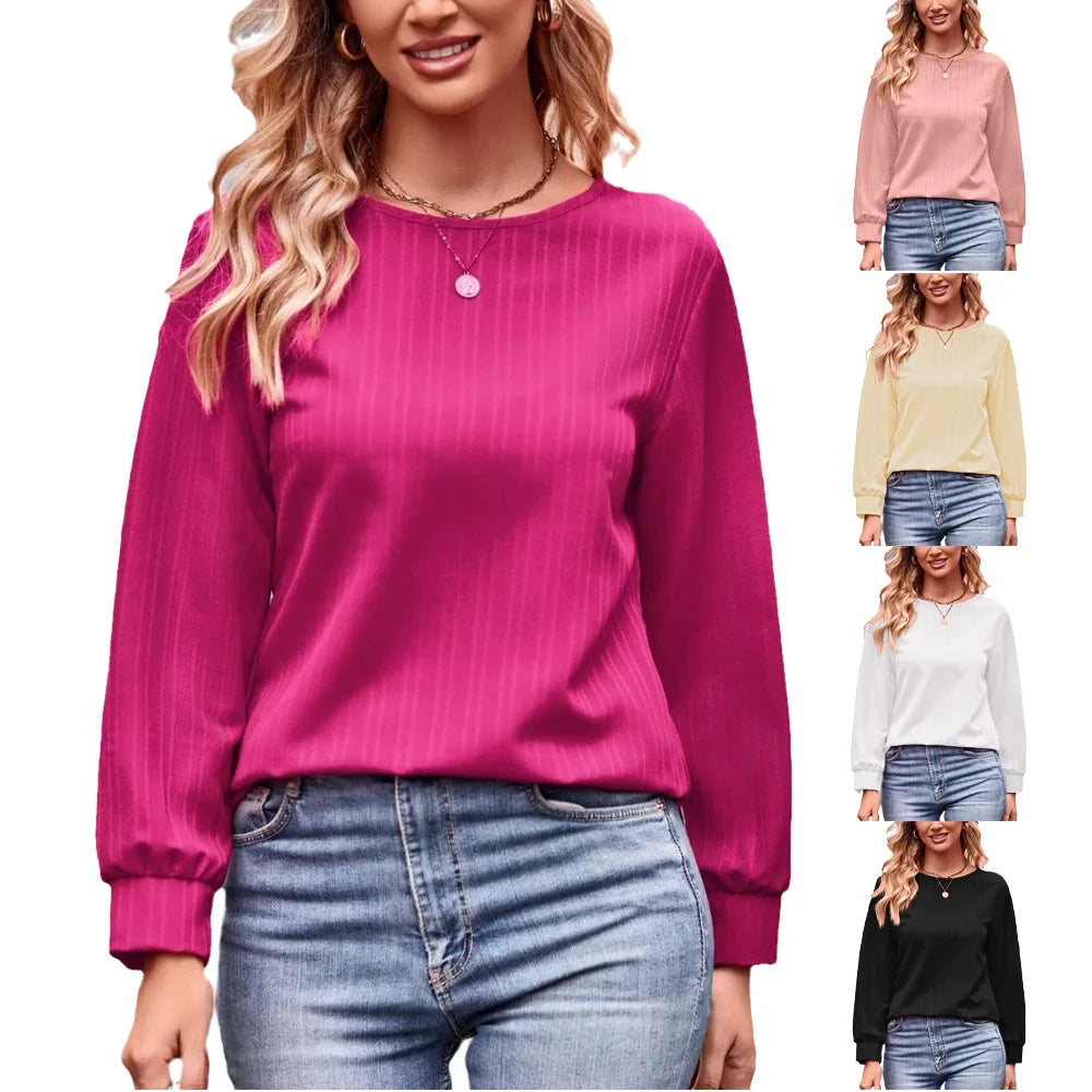 2023 Autumn And Winter New Women's Solid Color Double Line Jacquard T-shirt Loose Casual Round Neck Long Sleeved Tees Women Top S-XXL