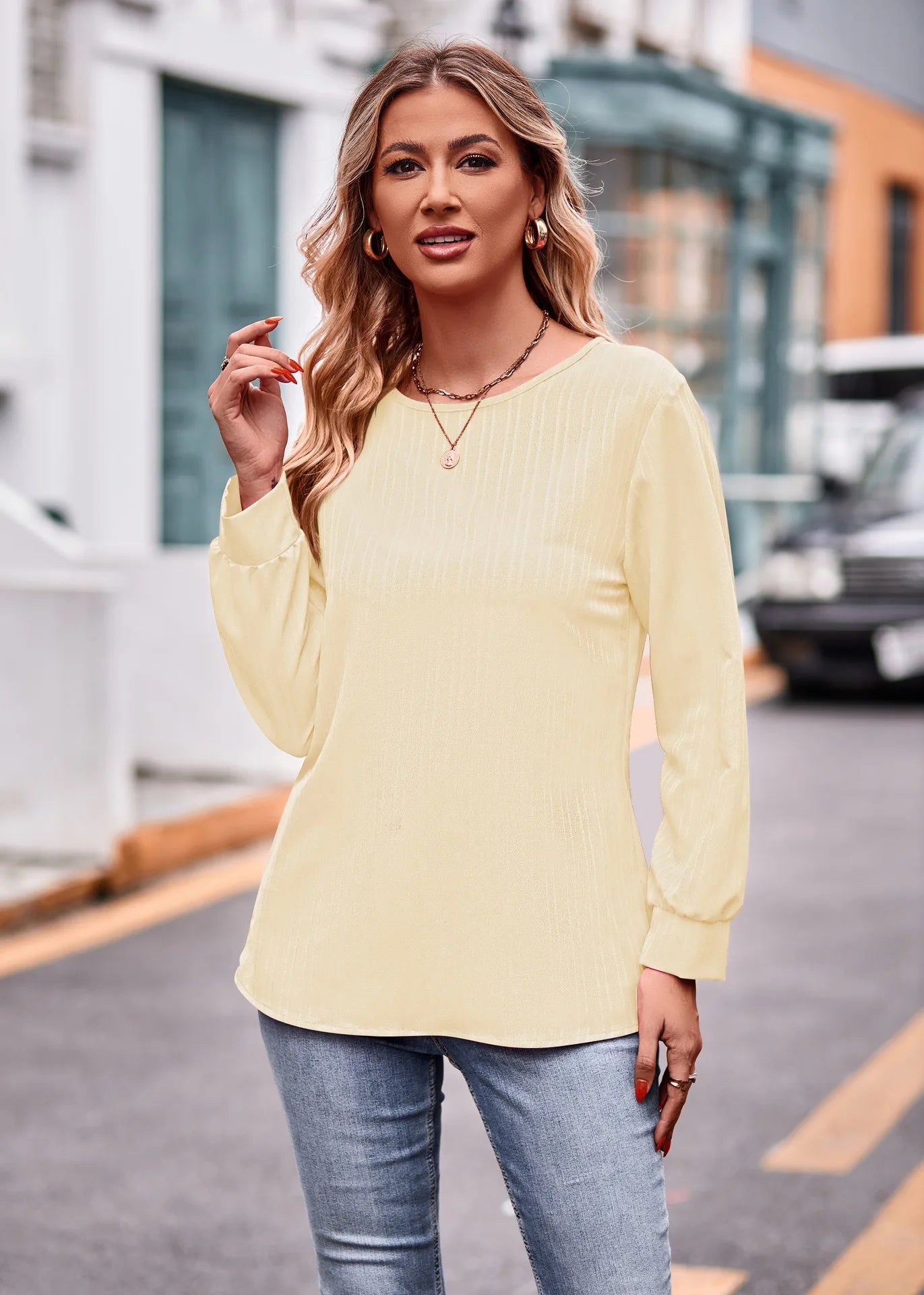 2023 Autumn And Winter New Women's Solid Color Double Line Jacquard T-shirt Loose Casual Round Neck Long Sleeved Tees Women Top S-XXL