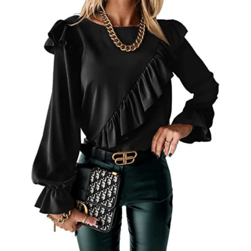 Elegant Women's Long Sleeve Shirt Autumn/Winter Round Neck Casual  Solid Color Blouse Office Lady Top Women Clothing S-XXL
