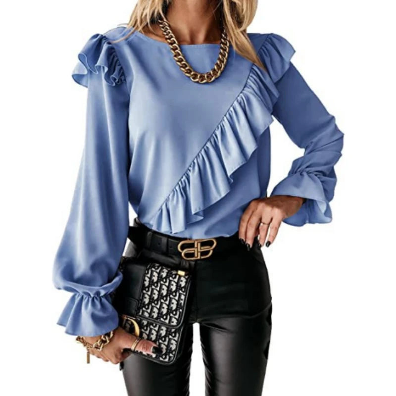 Elegant Women's Long Sleeve Shirt Autumn/Winter Round Neck Casual  Solid Color Blouse Office Lady Top Women Clothing S-XXL