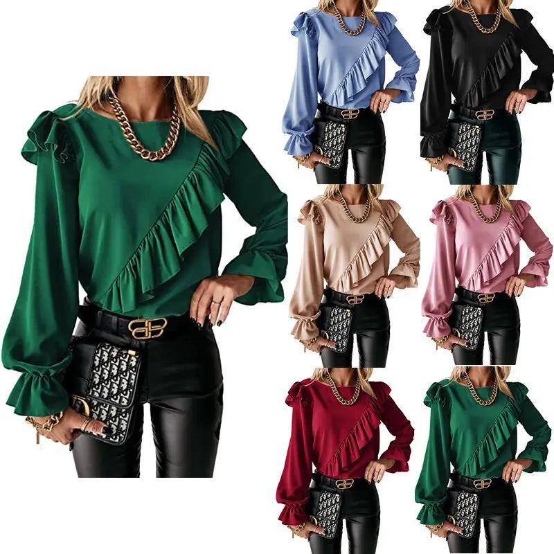 Elegant Women's Long Sleeve Shirt Autumn/Winter Round Neck Casual  Solid Color Blouse Office Lady Top Women Clothing S-XXL