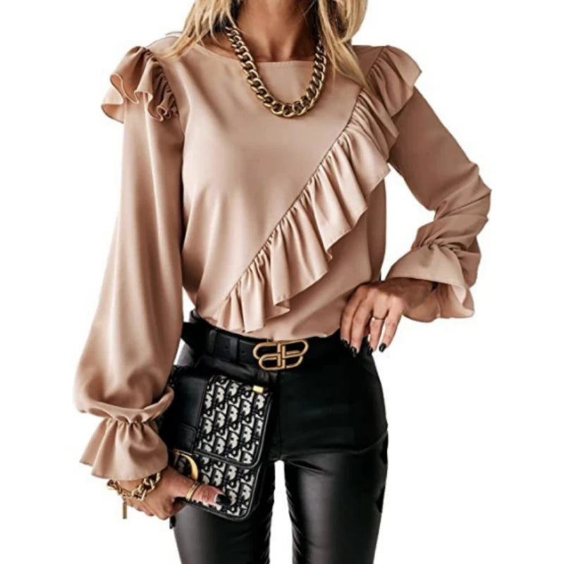 Elegant Women's Long Sleeve Shirt Autumn/Winter Round Neck Casual  Solid Color Blouse Office Lady Top Women Clothing S-XXL