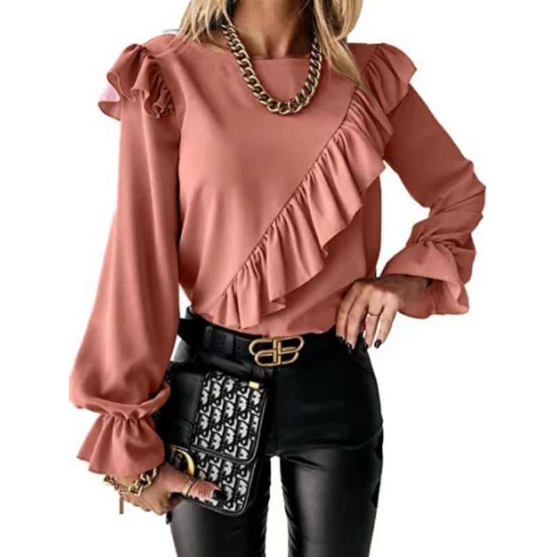 Elegant Women's Long Sleeve Shirt Autumn/Winter Round Neck Casual  Solid Color Blouse Office Lady Top Women Clothing S-XXL