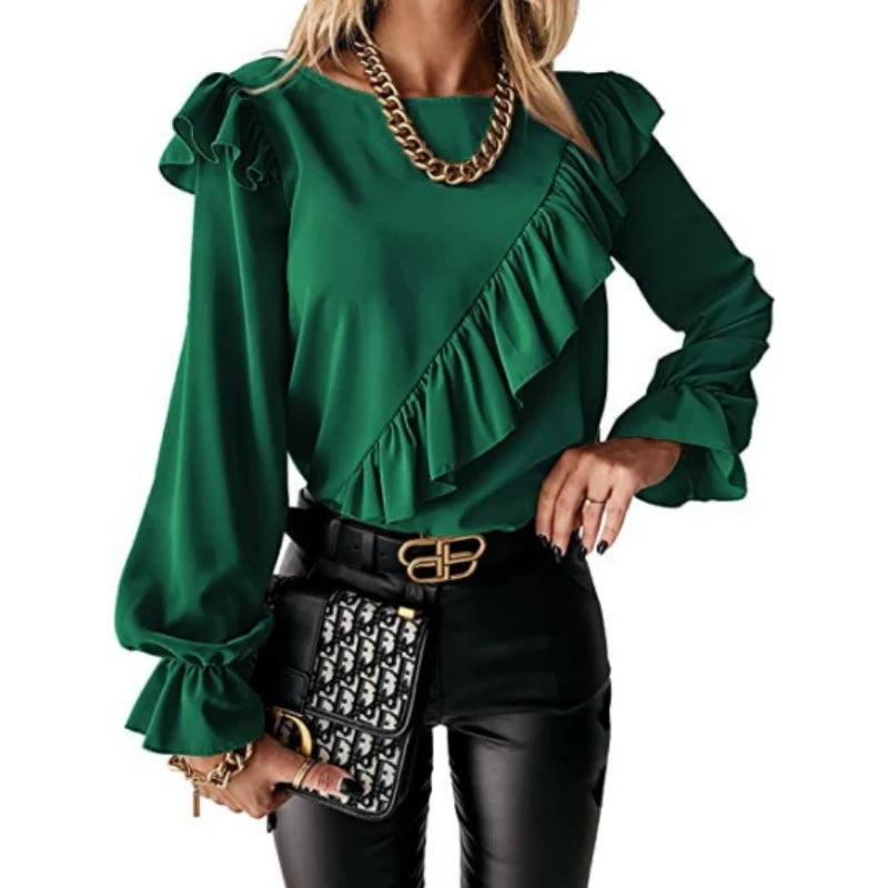 Elegant Women's Long Sleeve Shirt Autumn/Winter Round Neck Casual  Solid Color Blouse Office Lady Top Women Clothing S-XXL