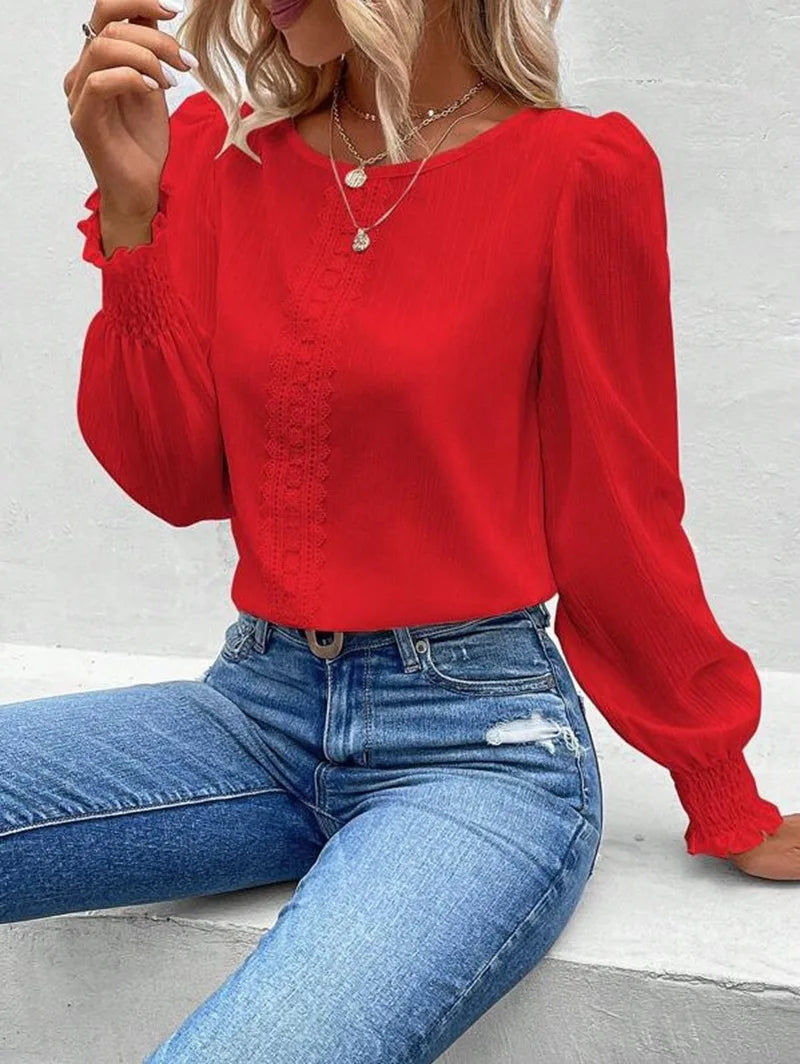 Elegant Women's Long Sleeved Shirt Spring/Summer 2023 Round Neck  Casual Solid Color Blouse Office Lady Clothing S-2XL