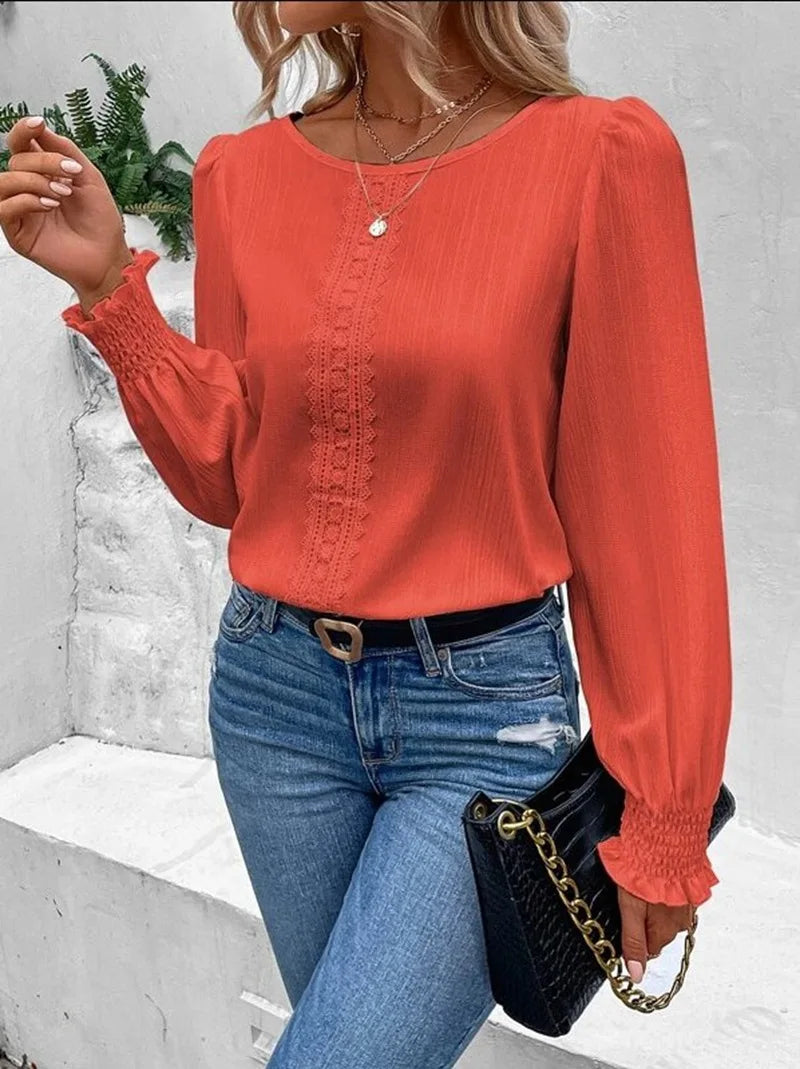 Elegant Women's Long Sleeved Shirt Spring/Summer 2023 Round Neck  Casual Solid Color Blouse Office Lady Clothing S-2XL