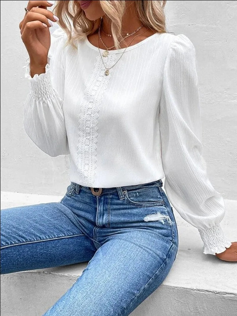 Elegant Women's Long Sleeved Shirt Spring/Summer 2023 Round Neck  Casual Solid Color Blouse Office Lady Clothing S-2XL