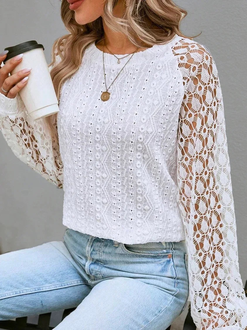 Elegant Women's Solid Color Long Sleeve Shirt 2023 Autumn New Round Neck Lace Splice Blouse Women Tops Clothing S-2XL