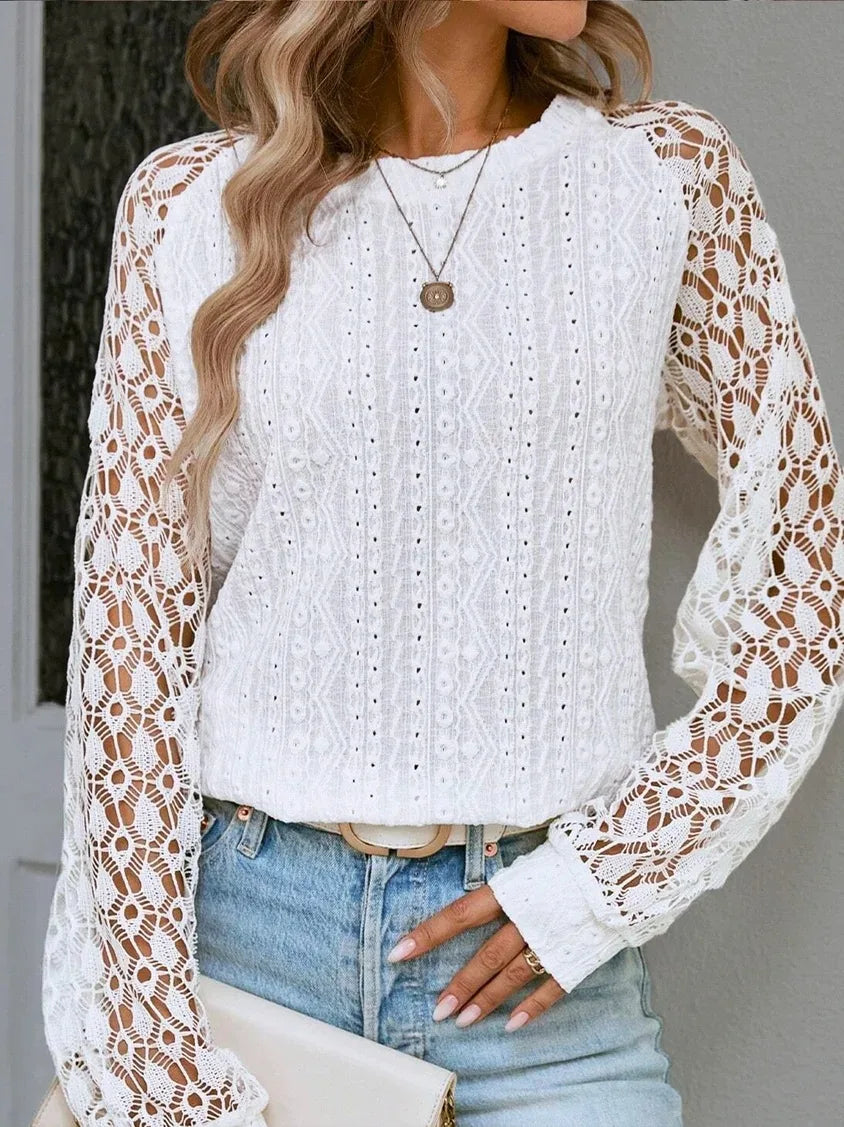 Elegant Women's Solid Color Long Sleeve Shirt 2023 Autumn New Round Neck Lace Splice Blouse Women Tops Clothing S-2XL