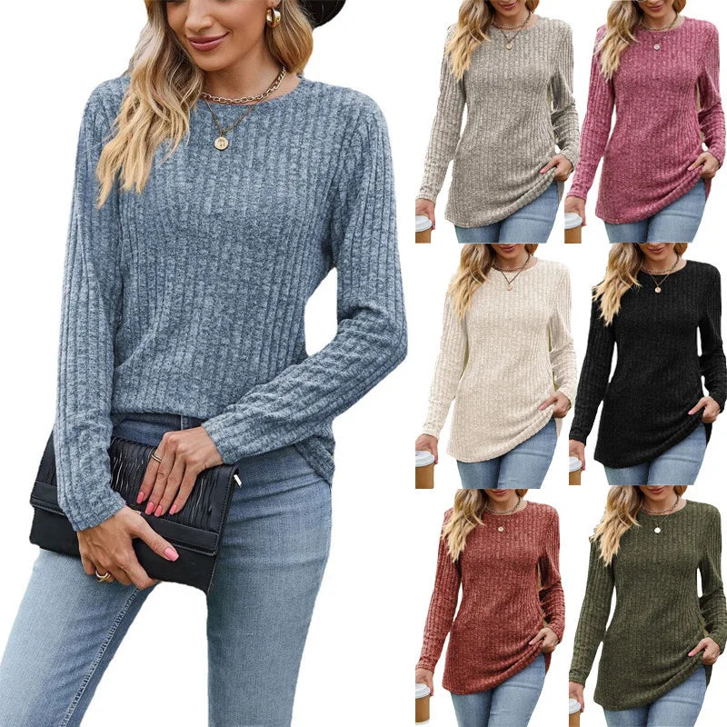 Elegant Women's Solid Color Long Sleeve T-shirt 2023 Autumn/Winter New Round Neck Pit Stripe Tees Office Lady Slim Fit Top S-XXL