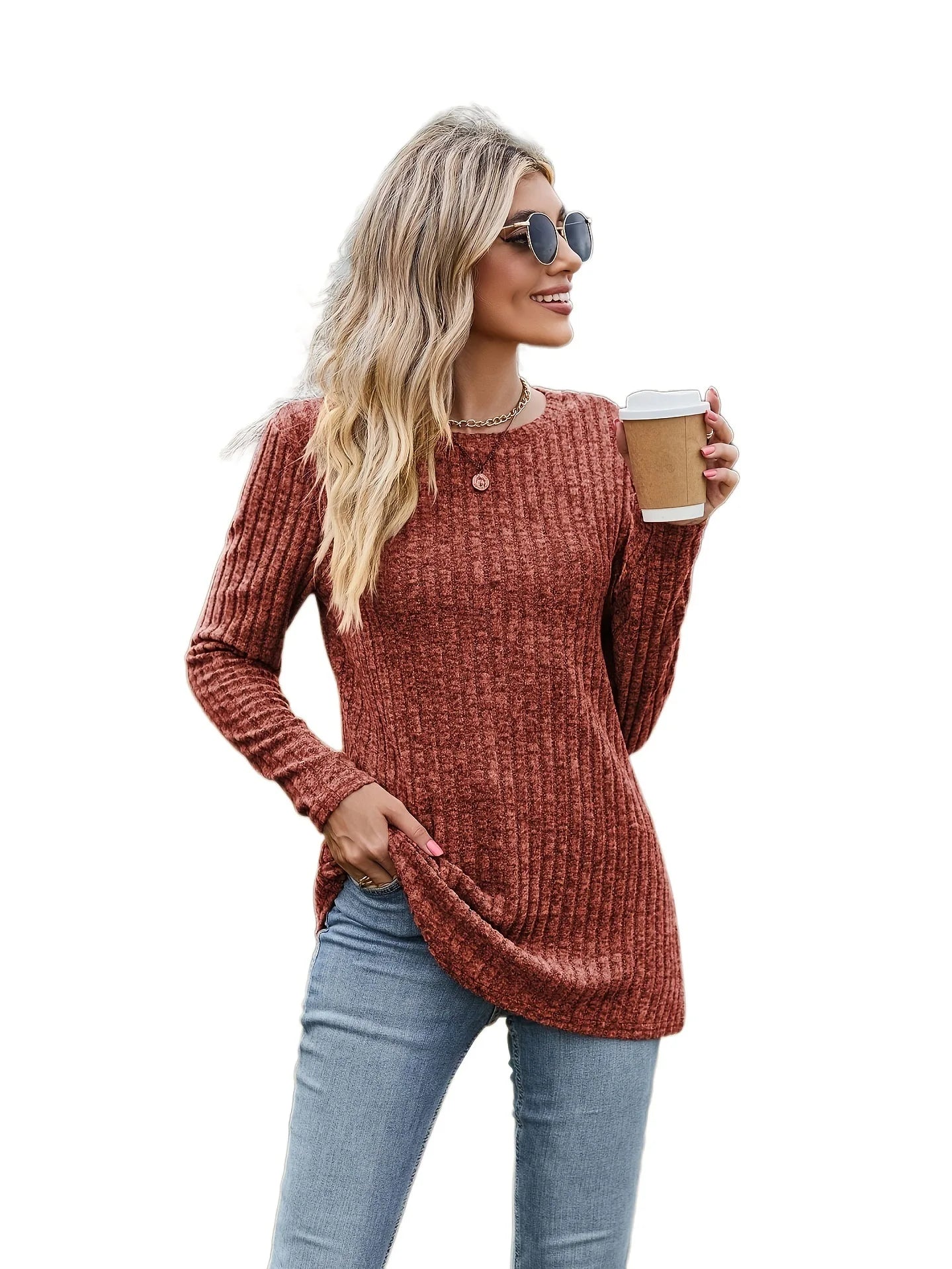 Elegant Women's Solid Color Long Sleeve T-shirt 2023 Autumn/Winter New Round Neck Pit Stripe Tees Office Lady Slim Fit Top S-XXL
