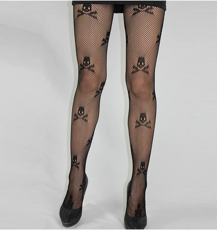Fashion Womens Lady Girls Black Sexy Fishnet Pattern Jacquard Stockings Pantyhose Tights  skull Woman 1pcs dww41