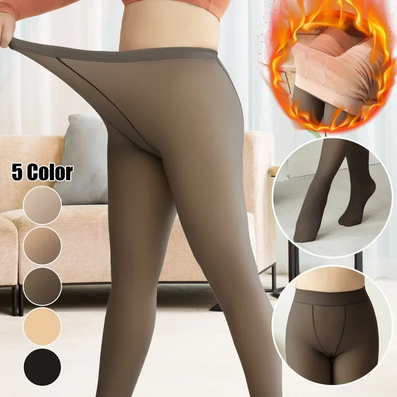 Large Size Leggings Women Winter High Waist Fleece Thermal Tights Ladies Fake Translucent Warm Pantyhose Stockings Size S-2xl