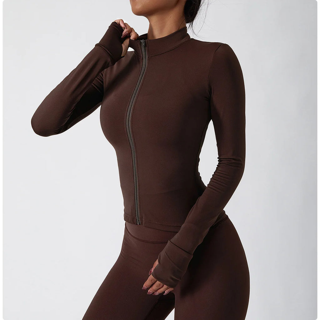 2023 Fashion Long Sleeve Sports Jacket Women Zip Fitness Yoga Shirt with Thumb Holes Slim Fit Lightweight Jackets Gym Top Running Coats