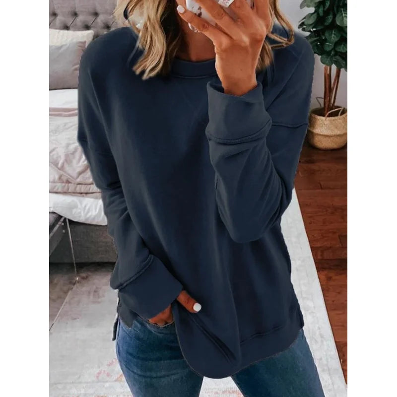 New Solid Color Women's 2023 Autumn/Winter Long Sleeve Round Neck Sweater Casual Plus Size Loose Top Fashion Pullover S-5XL
