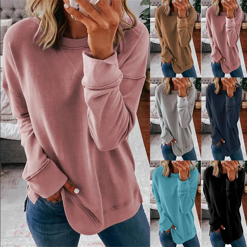 New Solid Color Women's 2023 Autumn/Winter Long Sleeve Round Neck Sweater Casual Plus Size Loose Top Fashion Pullover S-5XL