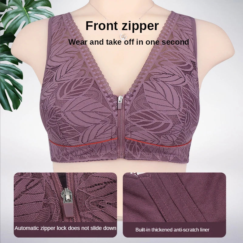 Soft Cotton Cup Front Zipper Women Plus Size Wireless Underwear Breathable Active Bra Tank Top Lace Intimates Middle-aged Elder