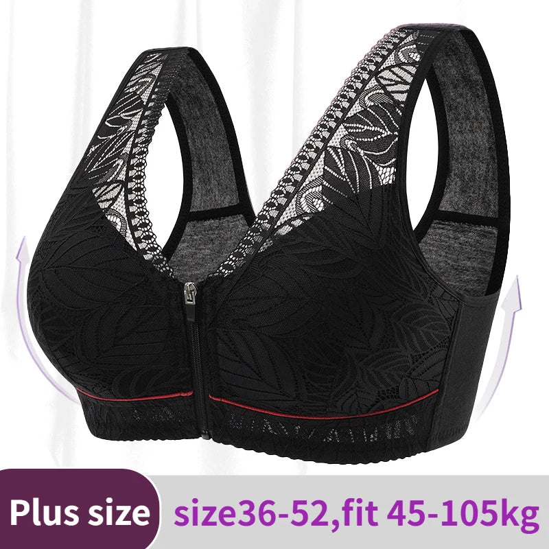 Soft Cotton Cup Front Zipper Women Plus Size Wireless Underwear Breathable Active Bra Tank Top Lace Intimates Middle-aged Elder