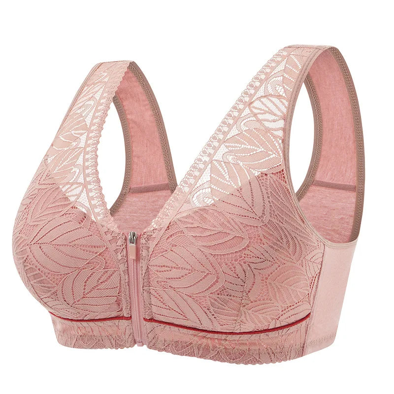 Soft Cotton Cup Front Zipper Women Plus Size Wireless Underwear Breathable Active Bra Tank Top Lace Intimates Middle-aged Elder