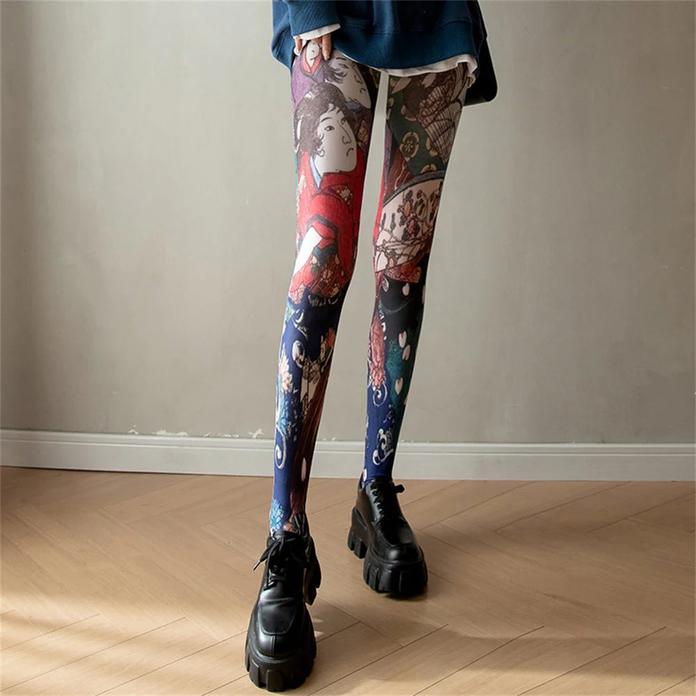 Vintage Pantyhose Spring Autumn Flowers Trees Abstract Portrait Printed Pantyhose Stocking Women Sexy Tights  Ladies Silk Tights