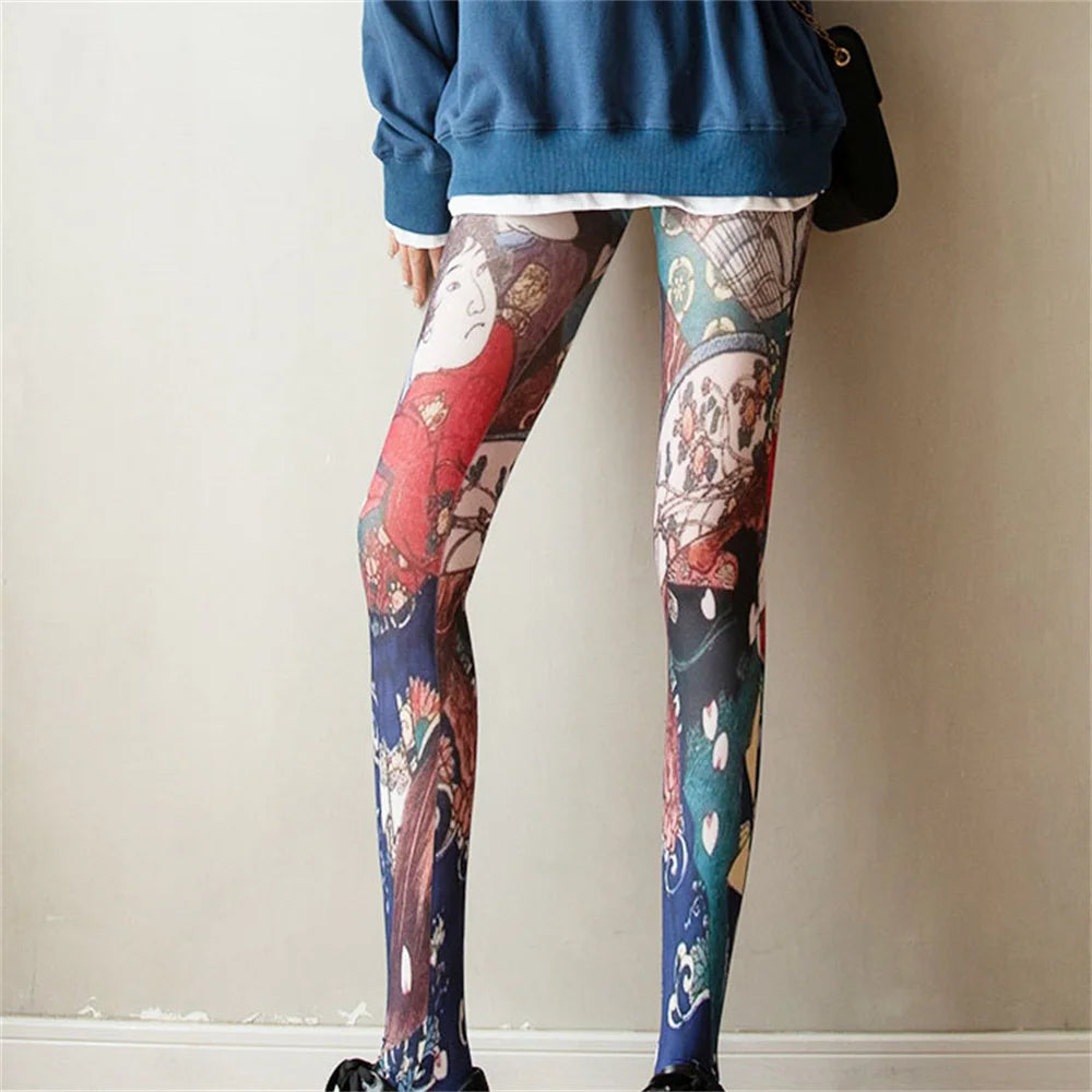 Vintage Pantyhose Spring Autumn Flowers Trees Abstract Portrait Printed Pantyhose Stocking Women Sexy Tights  Ladies Silk Tights