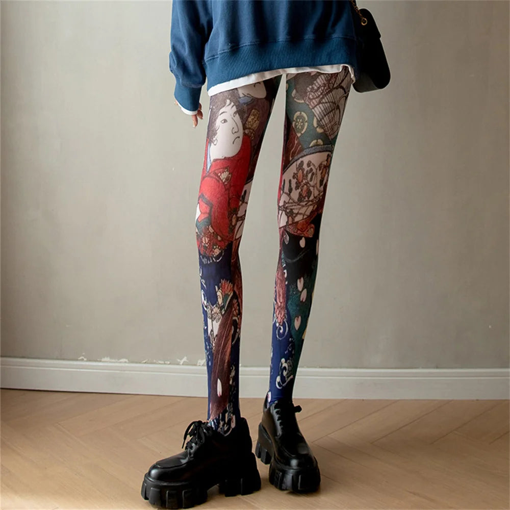 Vintage Pantyhose Spring Autumn Flowers Trees Abstract Portrait Printed Pantyhose Stocking Women Sexy Tights  Ladies Silk Tights