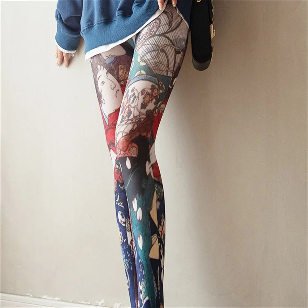 Vintage Pantyhose Spring Autumn Flowers Trees Abstract Portrait Printed Pantyhose Stocking Women Sexy Tights  Ladies Silk Tights