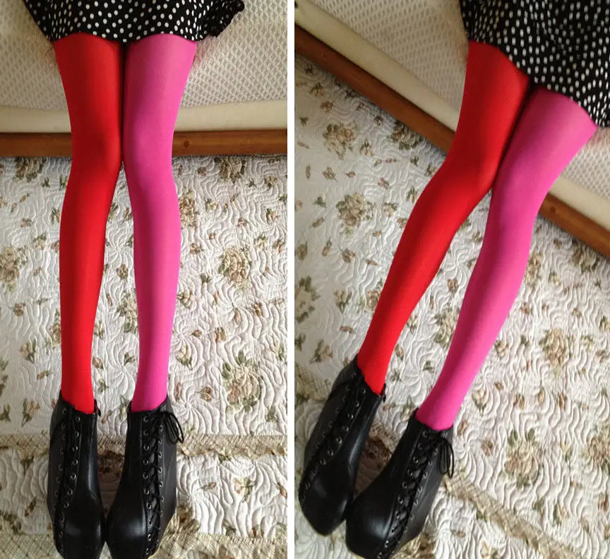 Women Sexy Assorted Colors Elastic Pantyhose Ladies Stretch C ontrast Combination Color Leggings Two Color Patchwork Stockings