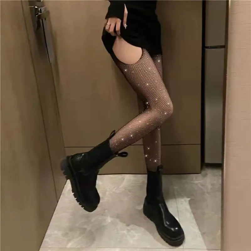 Women Sexy Diamond Tights Rhinestone Fishnet Bling Mesh Hosiery Shiny Fish Net High Waist Pantyhose Party Club Lady Black Tights