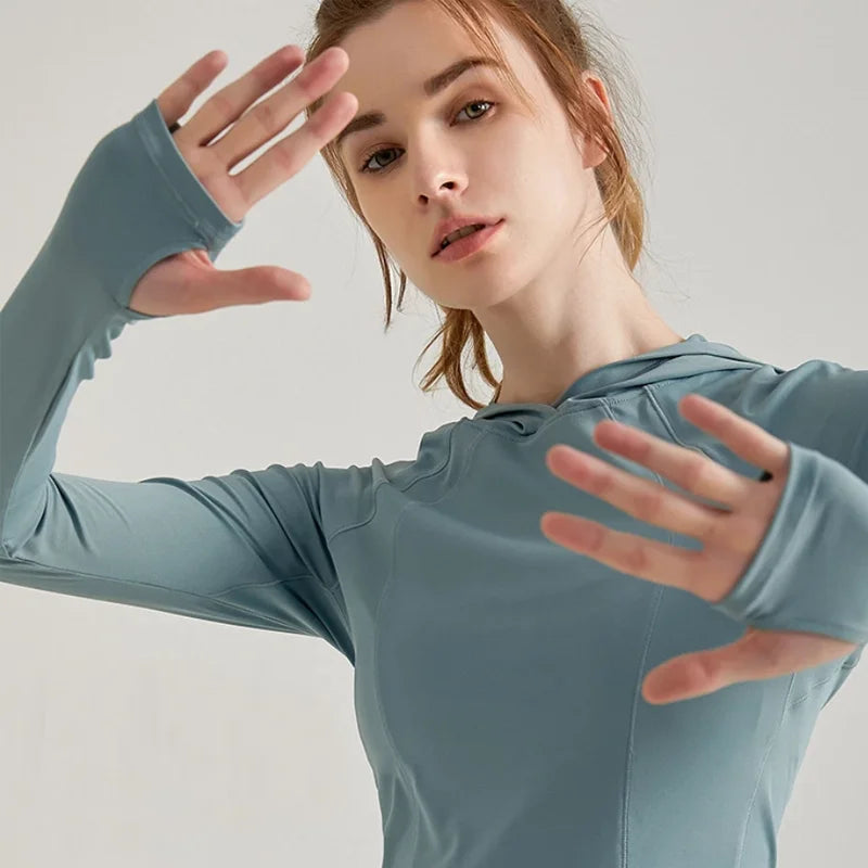 2023 Fashion Women Sport Jacket Yoga Coat Clothes Quick Dry Fitness Jacket Running Hoodies Thumb Hole Sportwear Gym Workout Hooded Top New