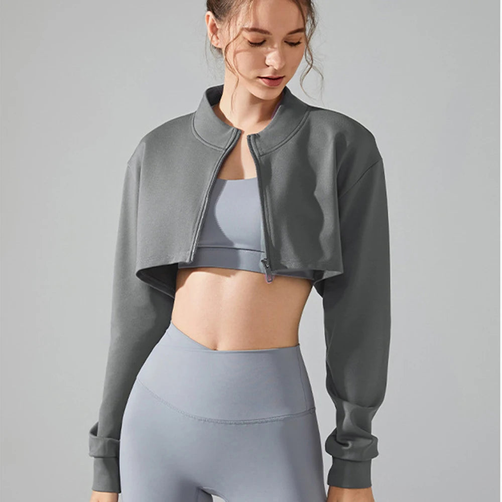 Women Yoga Crop Top Sports T-Shirts Gym Clothing Loose Full Zip-up Long Sleeve Sportswear Workout Clothing Fitness Jacket