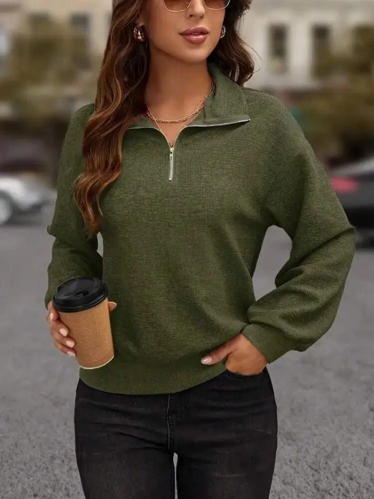 Women's Autumn Winter Sweatshirt Fashion Long Sleeve Knitted Tops Casual Zipper Solid Color Coats Female