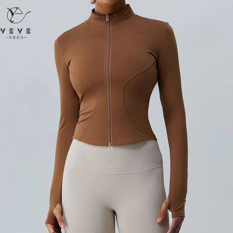 2023 New Women's Long Sleeves Sports Running Shirt Breathable Gym Workout Top Nylon Yoga Jackets with Zipper with Finger Holes