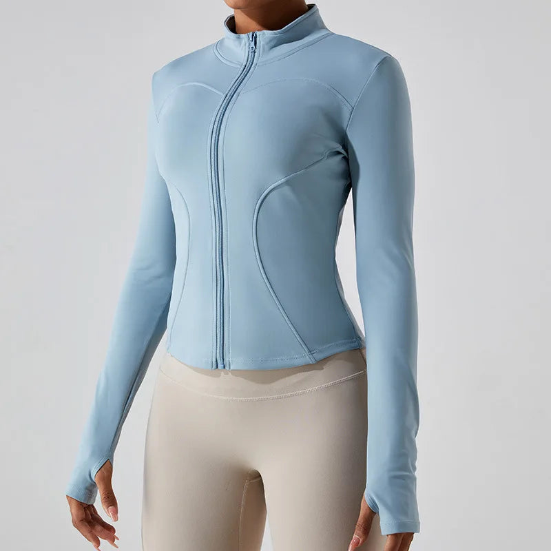 2023 New Women's Long Sleeves Sports Running Shirt Breathable Gym Workout Top Nylon Yoga Jackets with Zipper with Finger Holes