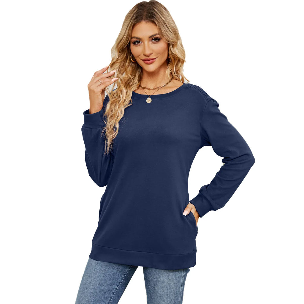 Women's Solid Color Round Neck Long Sleeve Sweater Autumn/Winter New Pocket Loose Casual Pulling Sweatshirt Women Clothing S-XXL