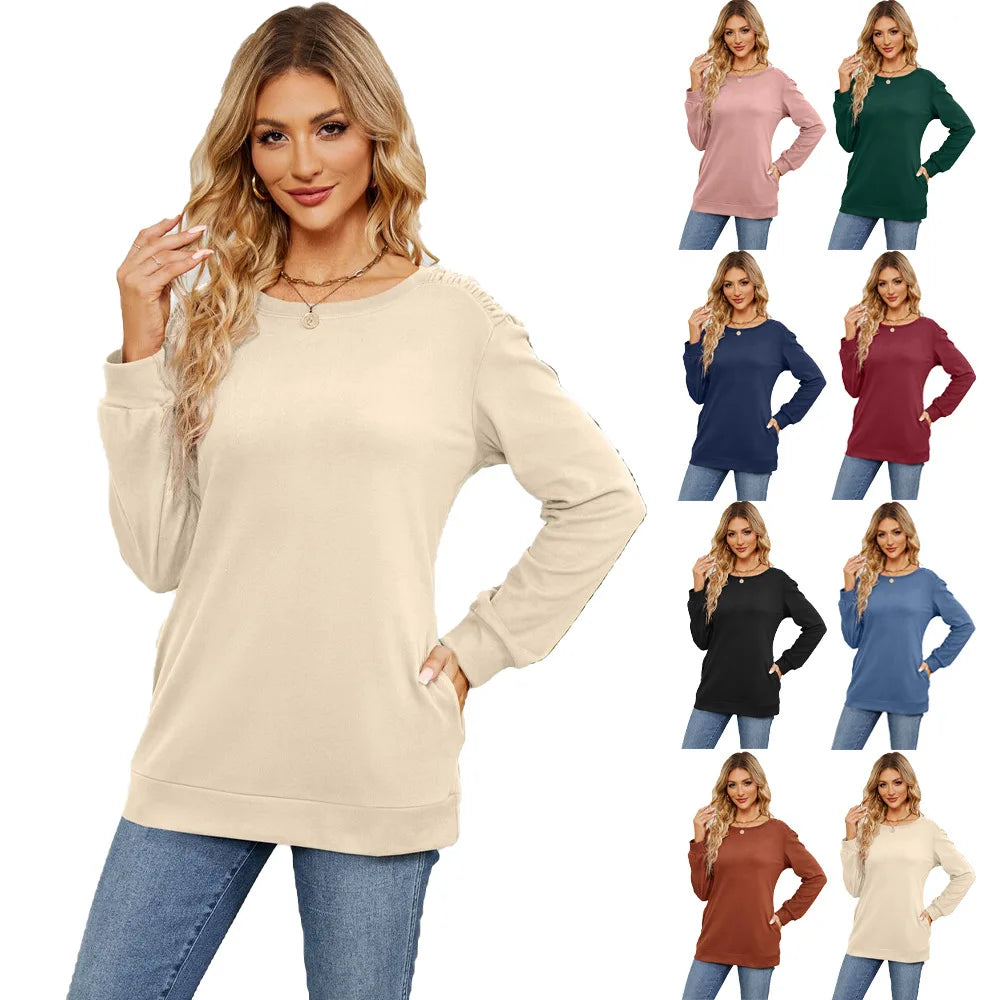 Women's Solid Color Round Neck Long Sleeve Sweater Autumn/Winter New Pocket Loose Casual Pulling Sweatshirt Women Clothing S-XXL