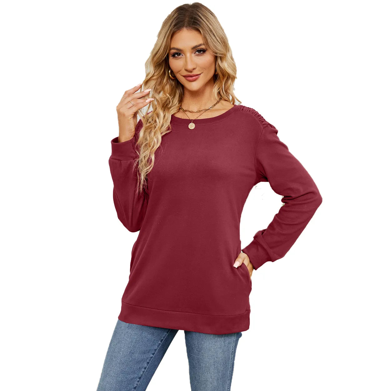 Women's Solid Color Round Neck Long Sleeve Sweater Autumn/Winter New Pocket Loose Casual Pulling Sweatshirt Women Clothing S-XXL